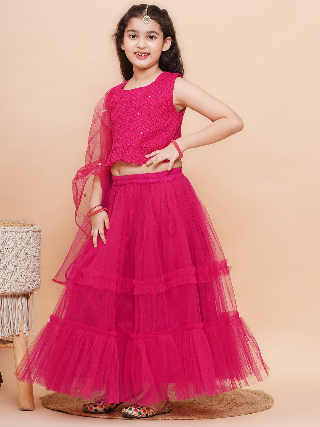 DARK PINK Net Sequenced Sleeveless Flared Lehenga Choli for Girls