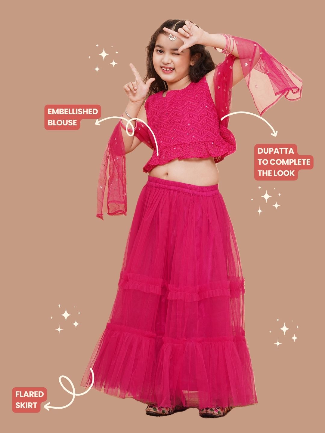 DARK PINK Net Sequenced Sleeveless Flared Lehenga Choli for Girls