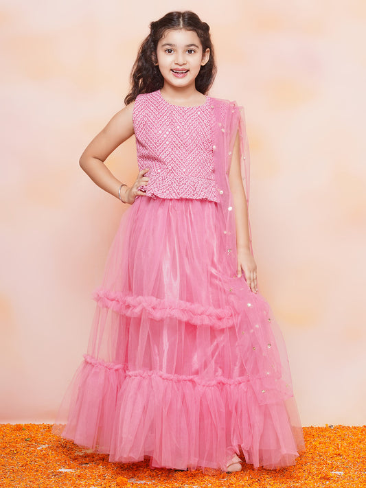 Kids Chiffli Chikankari Print Sleeveless Pink Lehenga Choli Set For Girls