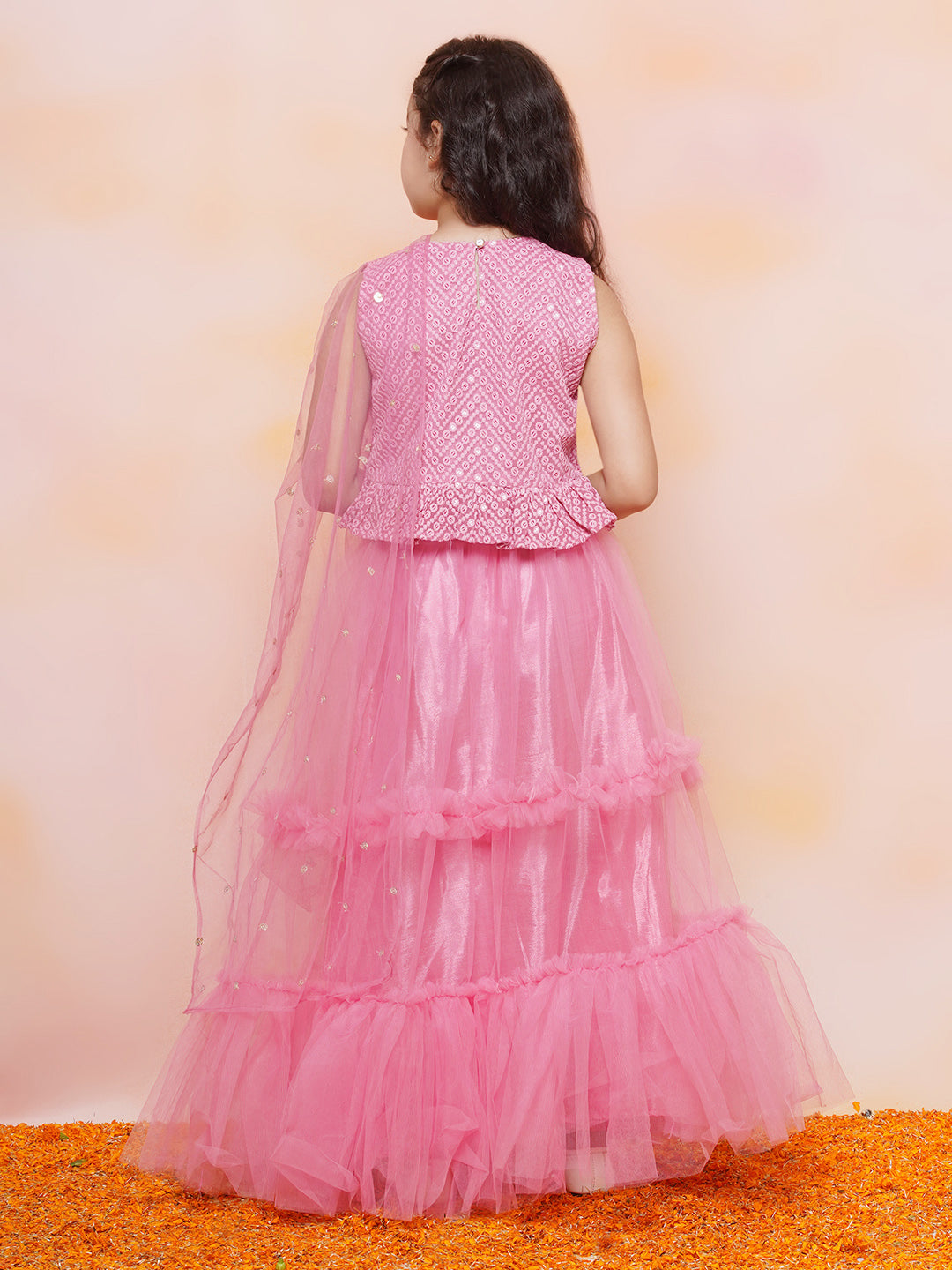 Kids Chiffli Chikankari Print Sleeveless Pink Lehenga Choli Set For Girls