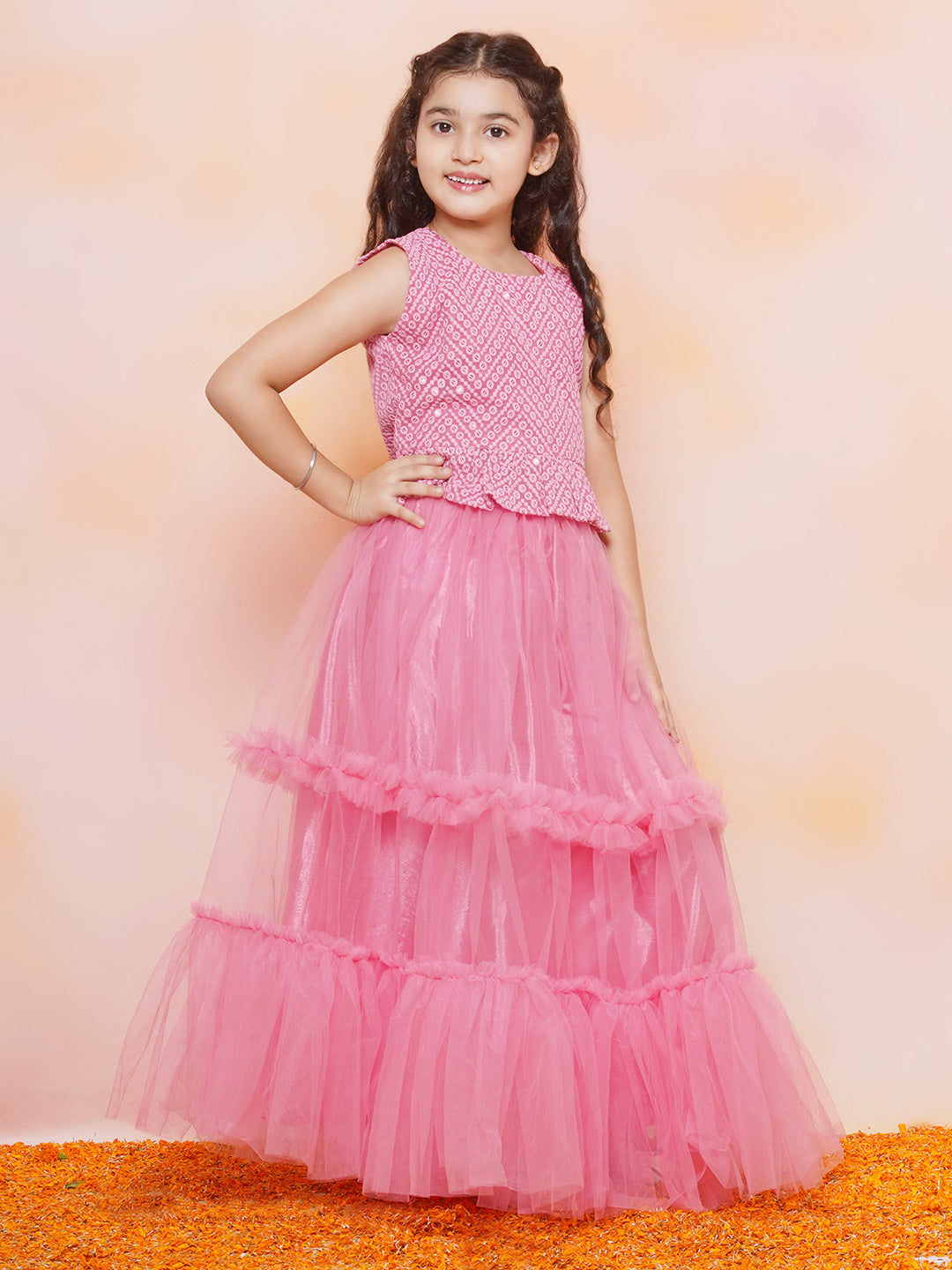 Kids Girls Pink Chikankari Georgette Lehenga Choli - AJ Dezines