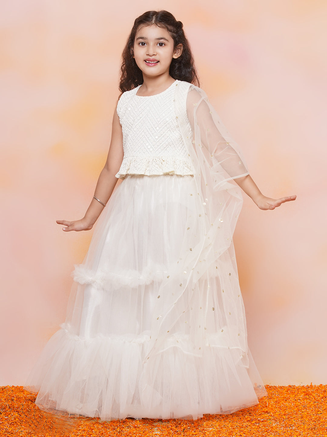 Kids Girls White Chikankari Georgette Lehenga Choli