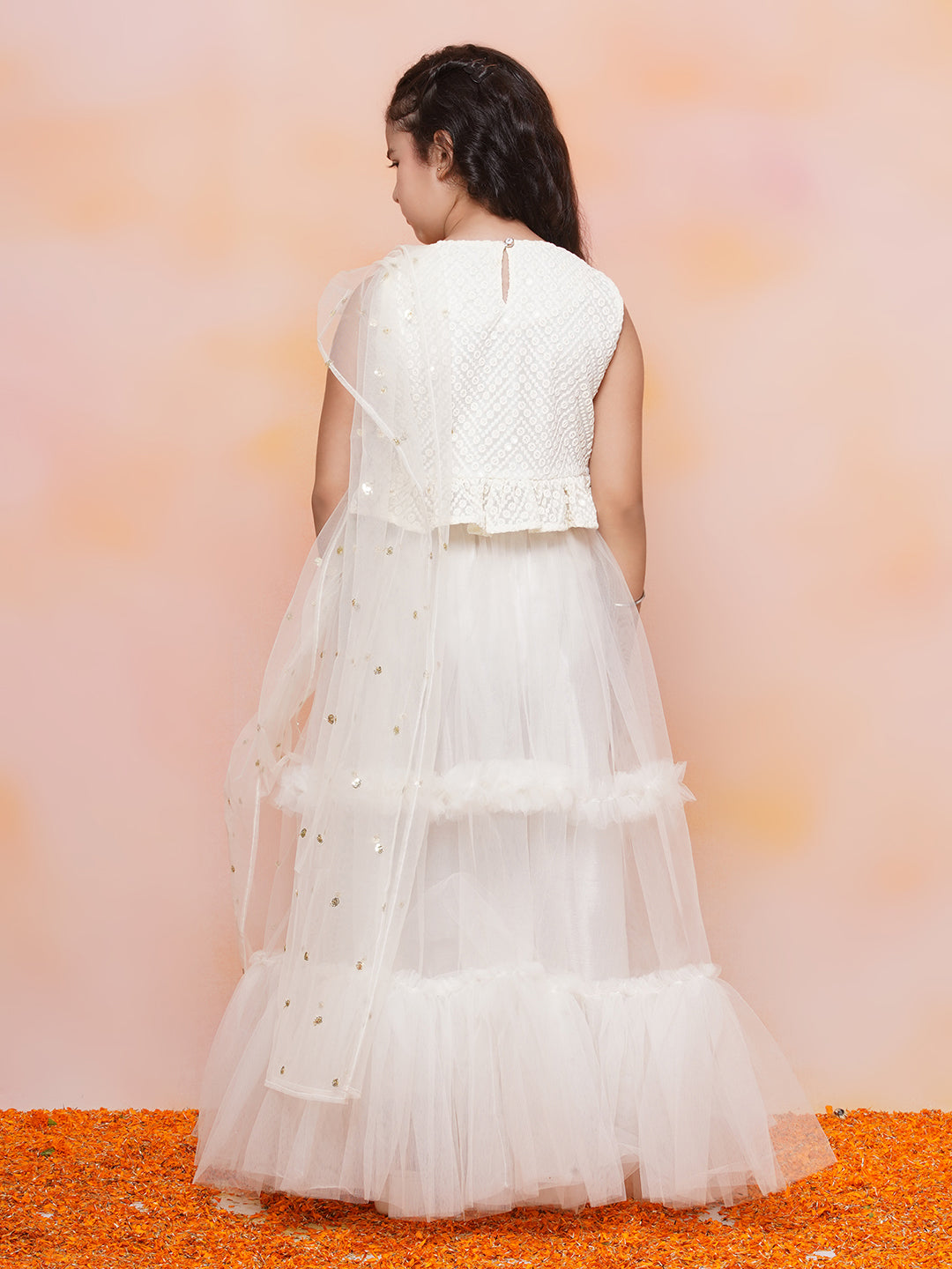 Kids Girls White Chikankari Georgette Lehenga Choli