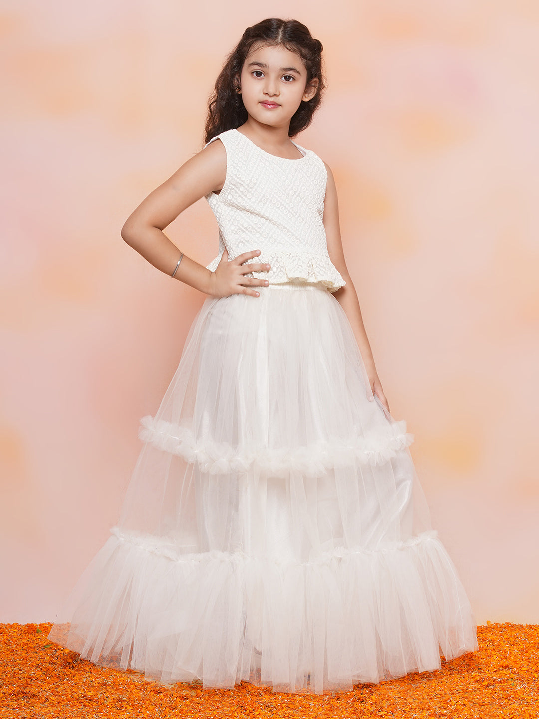 Kids Chiffli Chikankari Print Sleeveless White Lehenga Choli Set For Girls