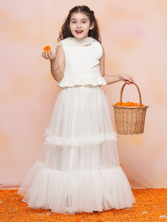 Kids Chiffli Chikankari Print Sleeveless White Lehenga Choli Set For Girls