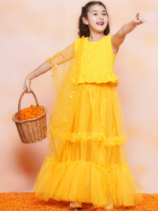 Kids Chiffli Chikankari Print Sleeveless Yellow Lehenga Choli Set For Girls