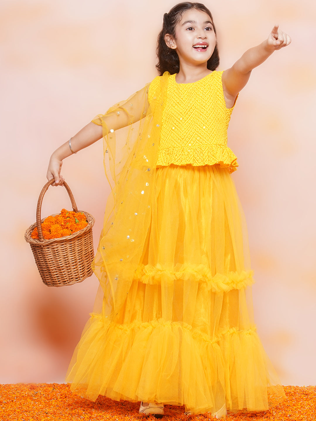 Kids Girls Yellow Chikankari Georgette Lehenga Choli