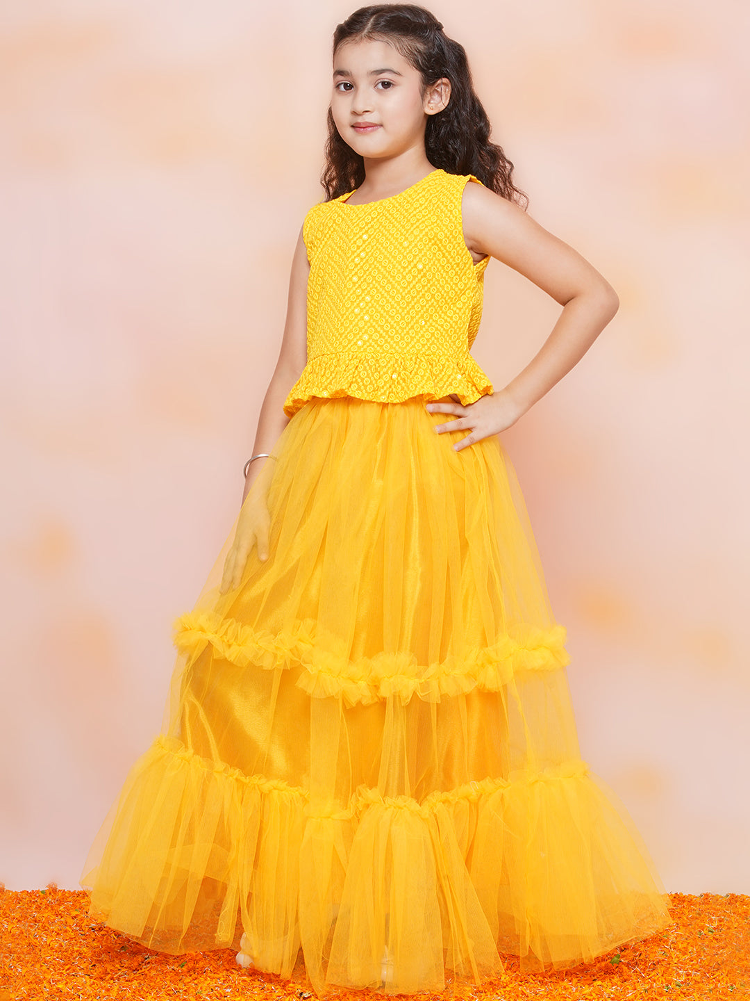Kids Chiffli Chikankari Print Sleeveless Yellow Lehenga Choli Set For Girls