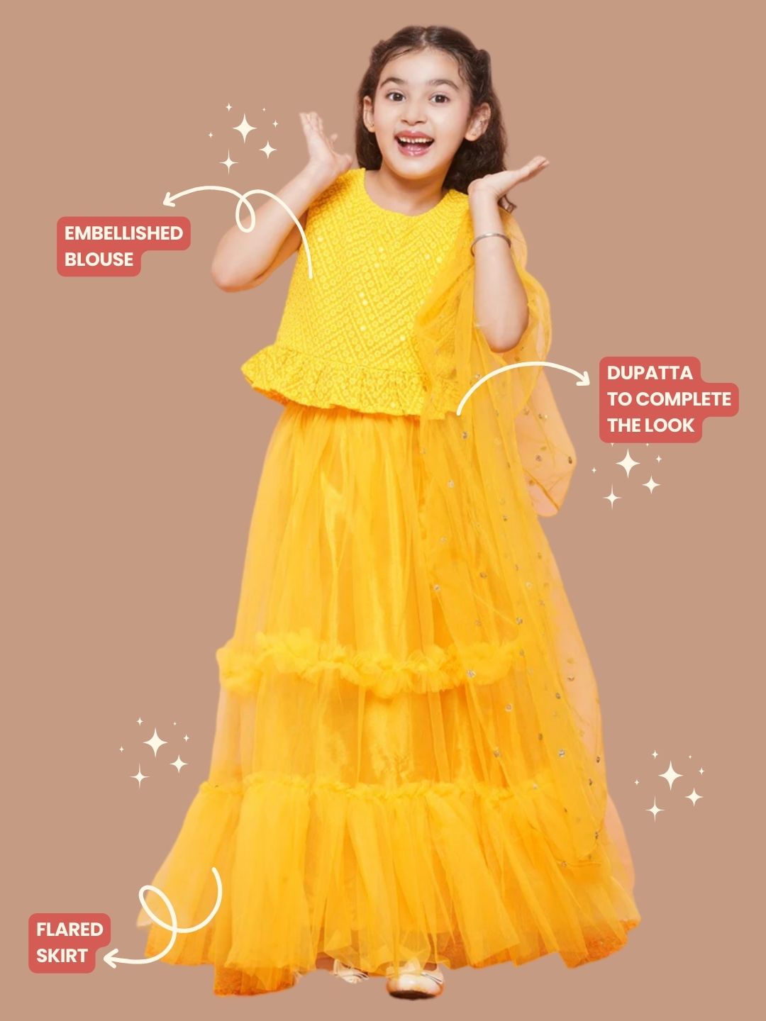 Kids Girls Yellow Chikankari Georgette Lehenga Choli