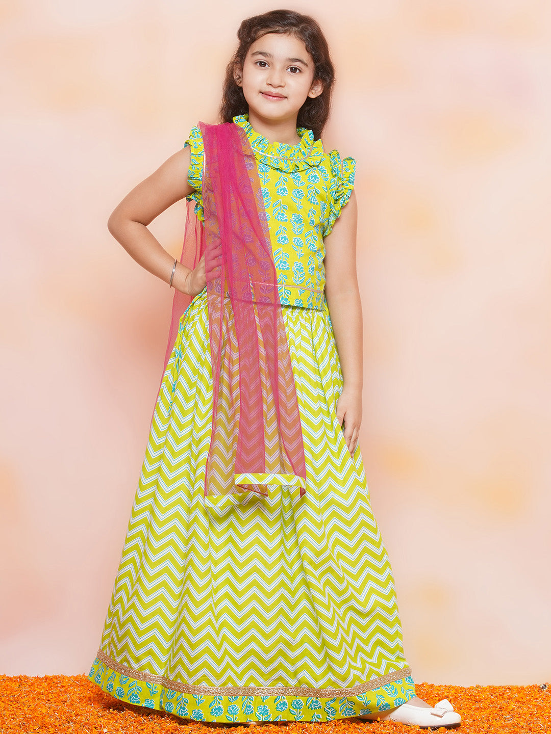 Kids Girls Green Floral Print Cotton Lehenga Choli