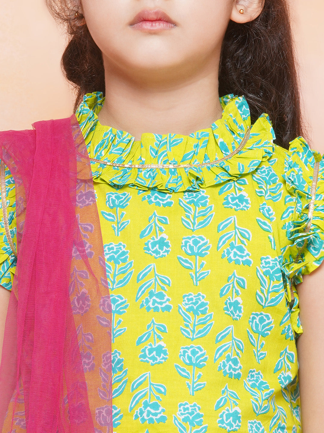 Kids Girls Green Floral Print Cotton Lehenga Choli