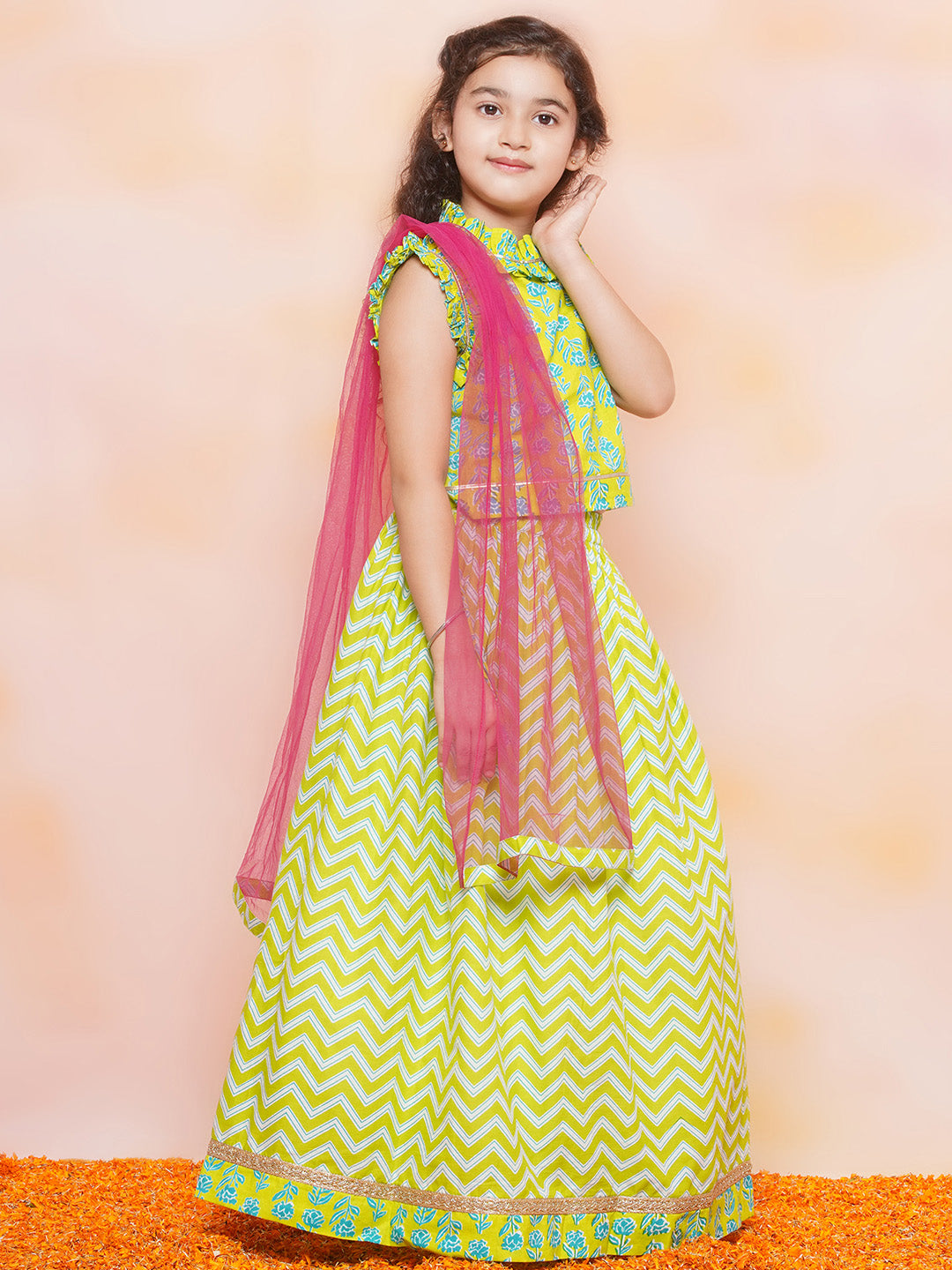 Kids Girls Green Floral Print Cotton Lehenga Choli