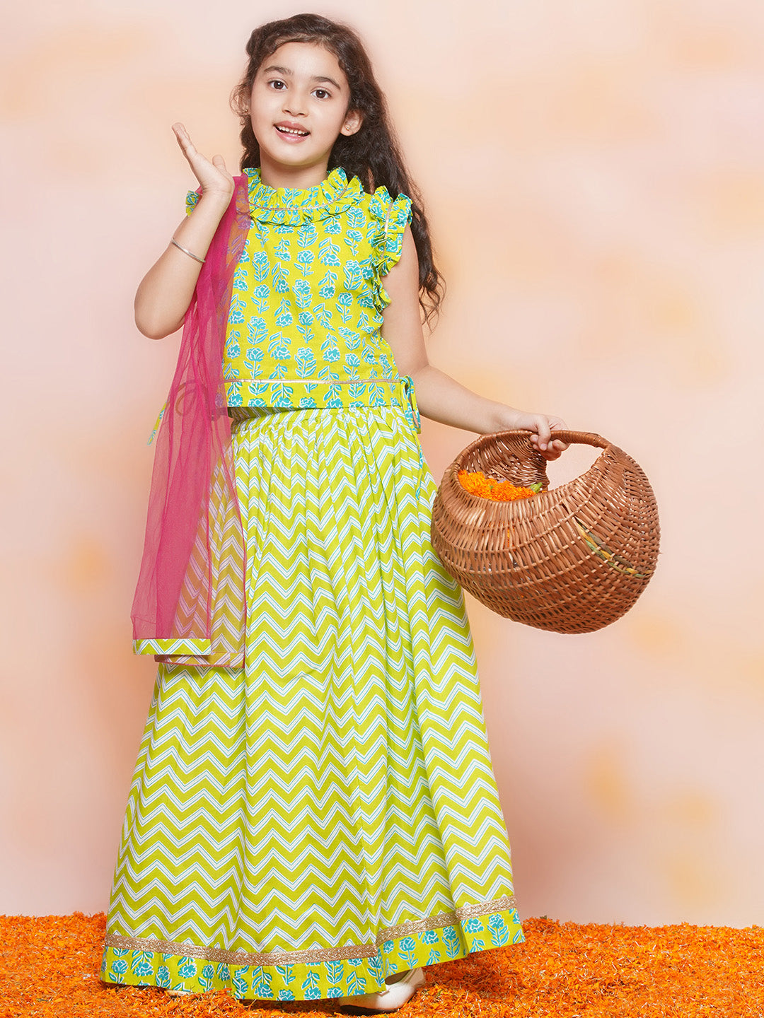 Kids Girls Green Floral Print Cotton Lehenga Choli