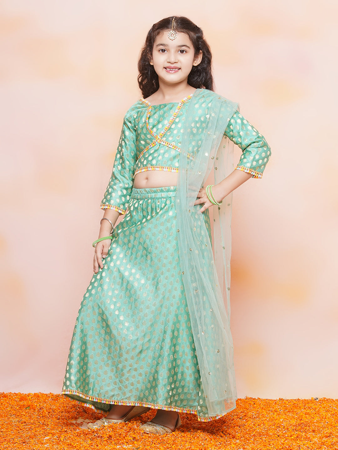 Kids Girls C-Green Brasso Jacquard/Brocade Lehenga Choli - AJ Dezines