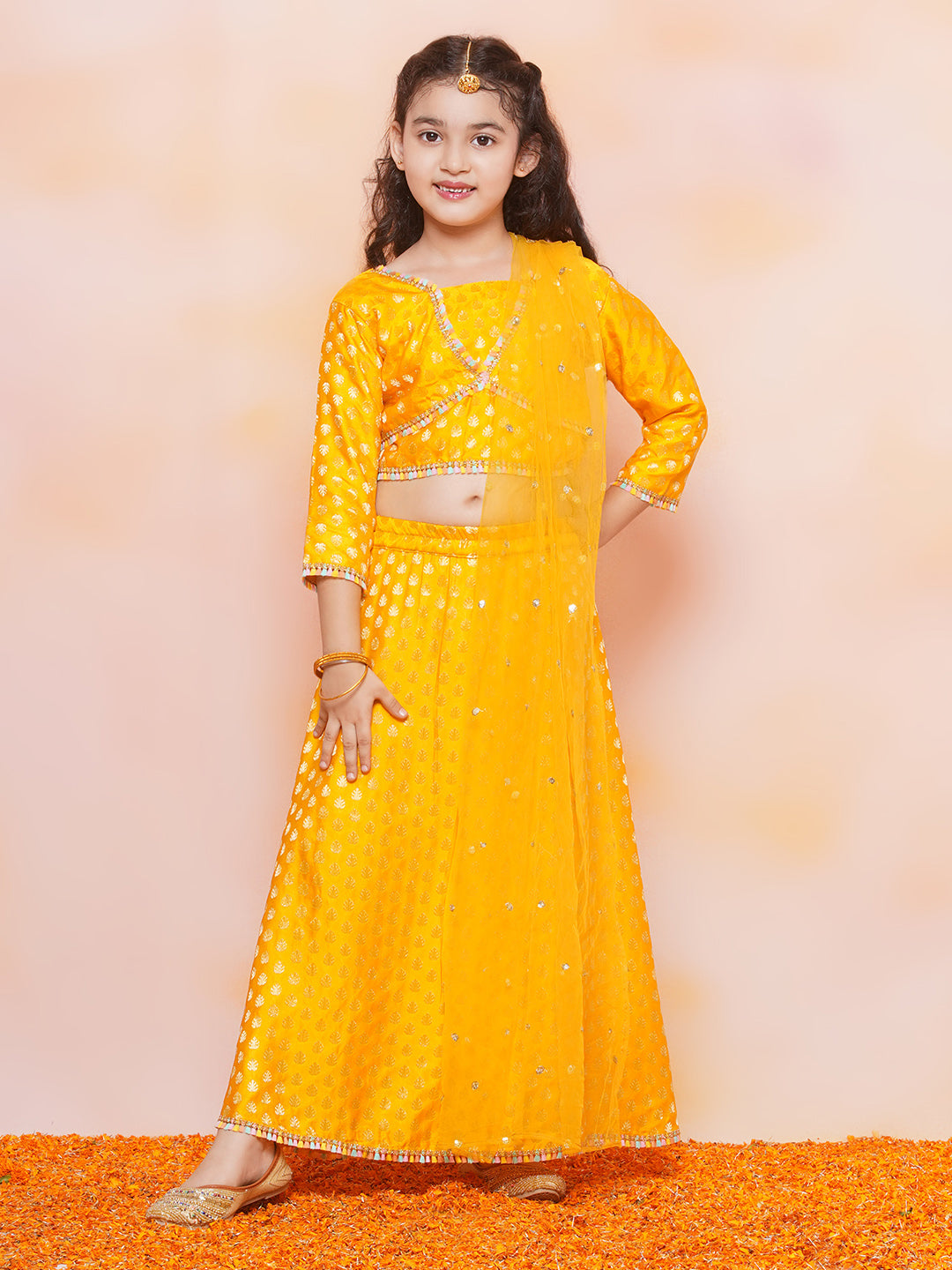 Kids Girls MUSTARD Brasso Jacquard/Brocade Lehenga Choli - AJ Dezines