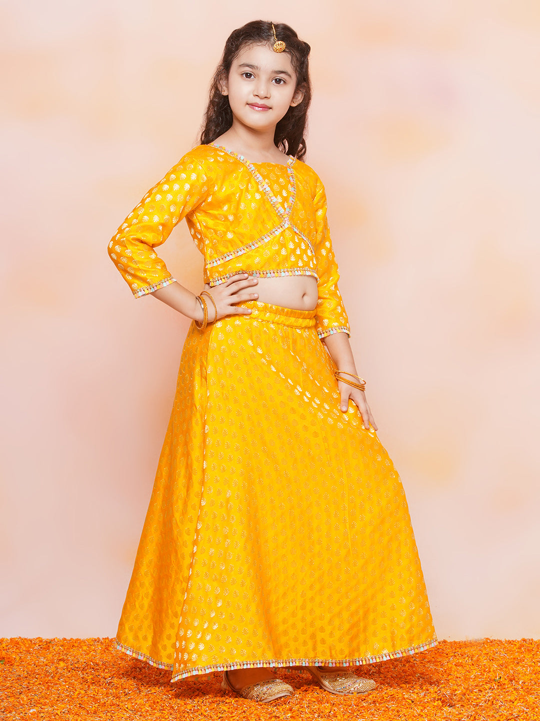 Kids Girls MUSTARD Brasso Jacquard/Brocade Lehenga Choli - AJ Dezines