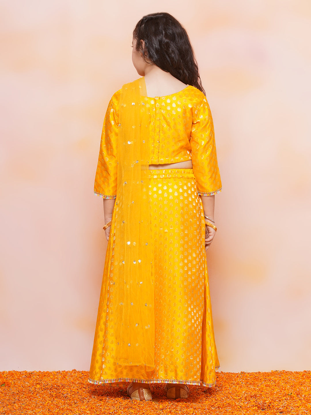 Kids Girls MUSTARD Brasso Jacquard/Brocade Lehenga Choli - AJ Dezines