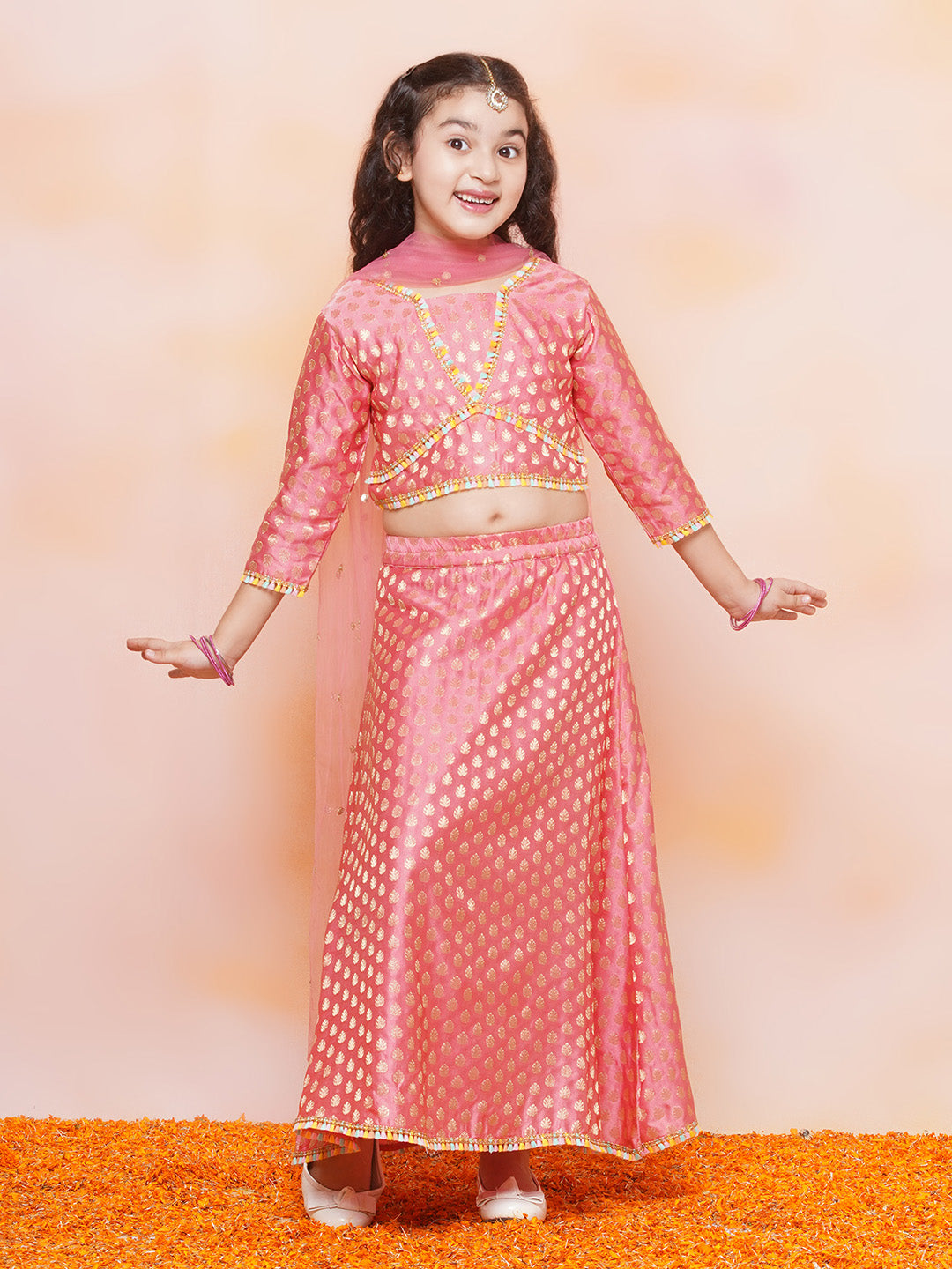 Kids Girls PINK Brasso Jacquard/Brocade Lehenga Choli - AJ Dezines
