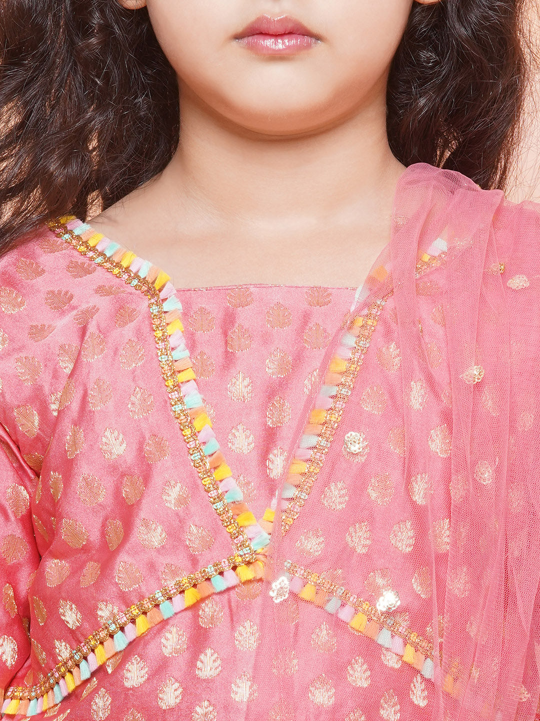 Kids Girls PINK Brasso Jacquard/Brocade Lehenga Choli - AJ Dezines