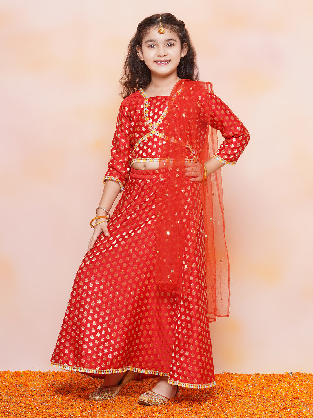 Kids Girls RED Brasso Jacquard/Brocade Lehenga Choli