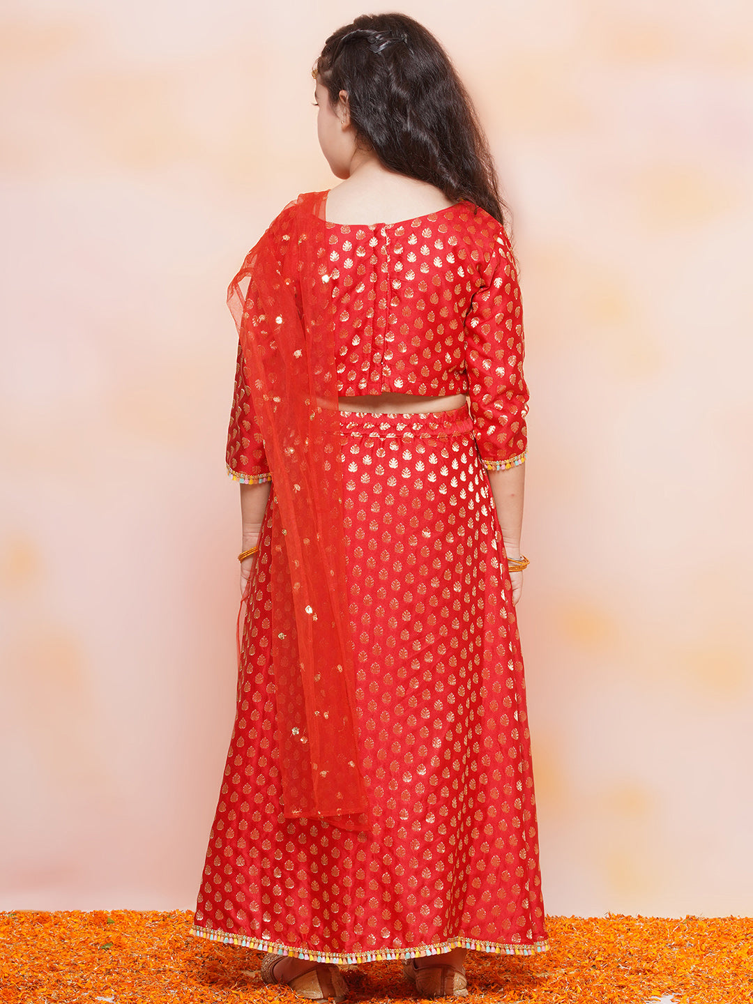 Kids Girls RED Brasso Jacquard/Brocade Lehenga Choli