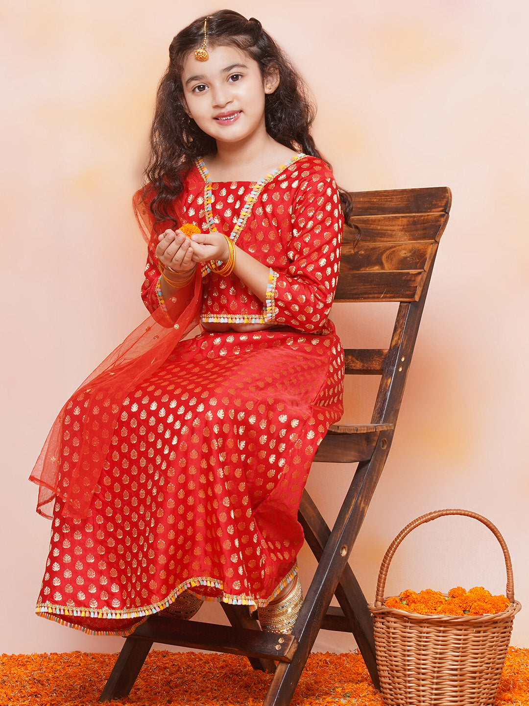 Kids Girls RED Brasso Jacquard/Brocade Lehenga Choli