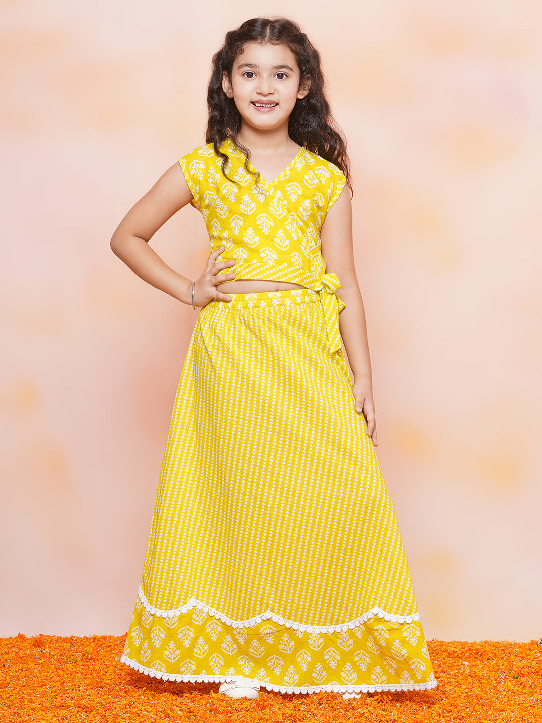 Girls Yellow Floral Print Cotton Lehenga Choli for Festivals & Functions