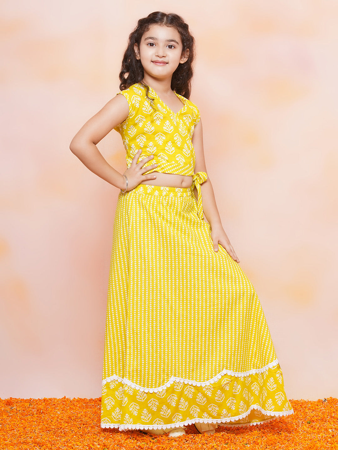 Girls Cotton Floral Print V Neck Yellow Lehanga Choli Set