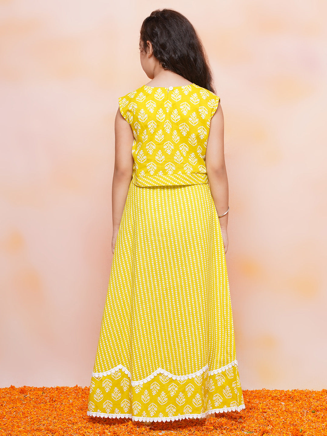 Girls Yellow Floral Print Cotton Lehenga Choli for Festivals & Functions