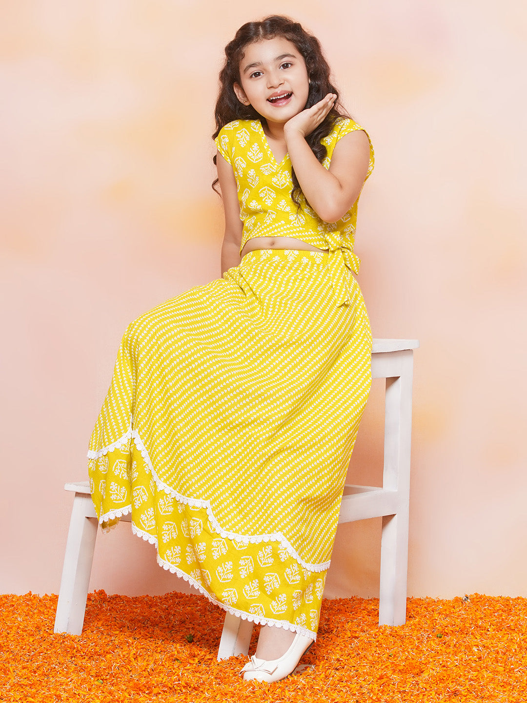 Girls Yellow Floral Print Cotton Lehenga Choli for Festivals & Functions