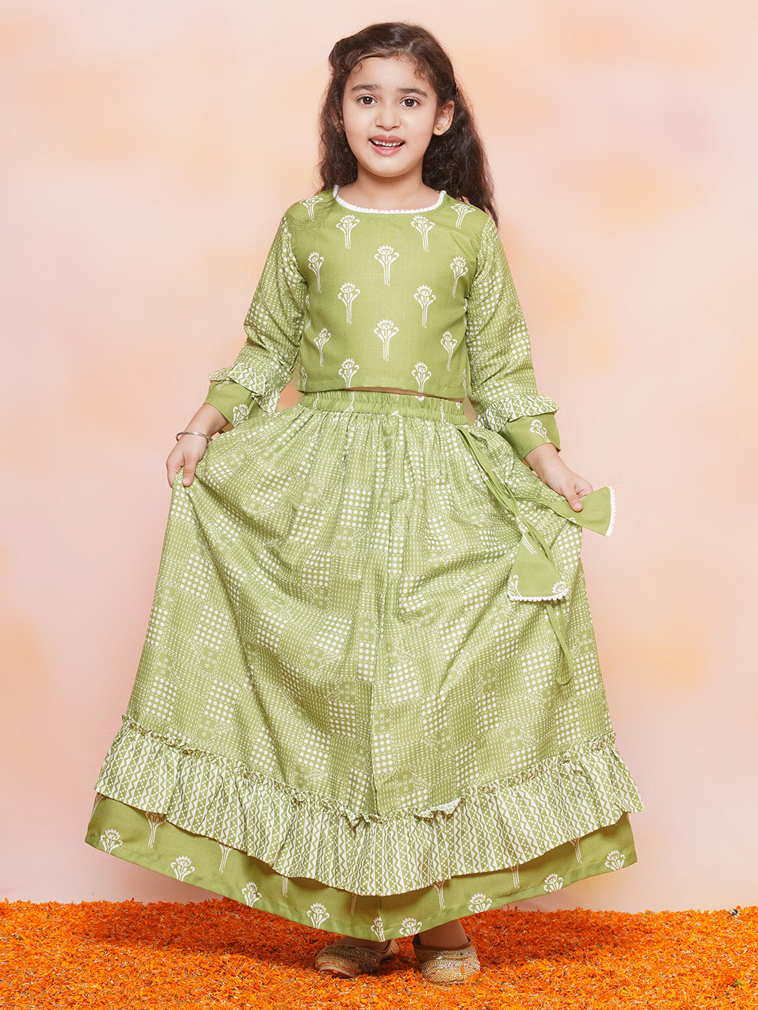 Kids Girls Green Floral Print Cotton Lehenga Choli