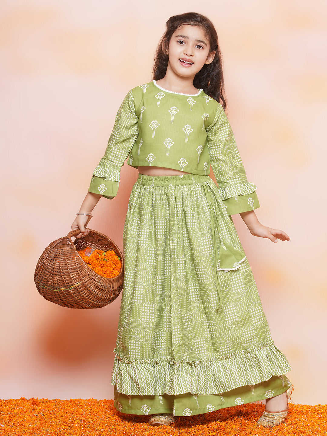 Kids Girls Green Floral Print Cotton Lehenga Choli