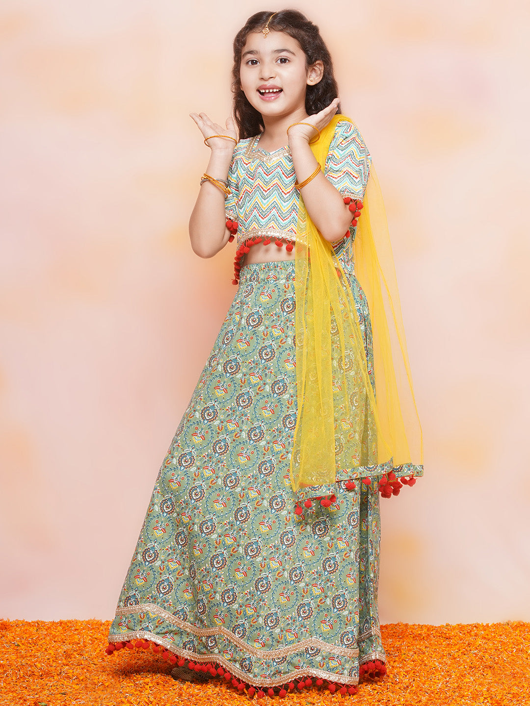 Light-Green Zig Zag Jacquard Brocade Lehenga Choli for Girls for Traditional Wear - AJ Dezines