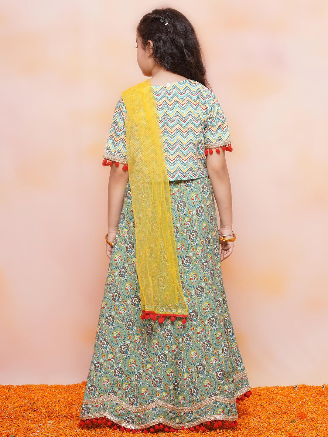 Light-Green Zig Zag Jacquard Brocade Lehenga Choli for Girls for Traditional Wear - AJ Dezines