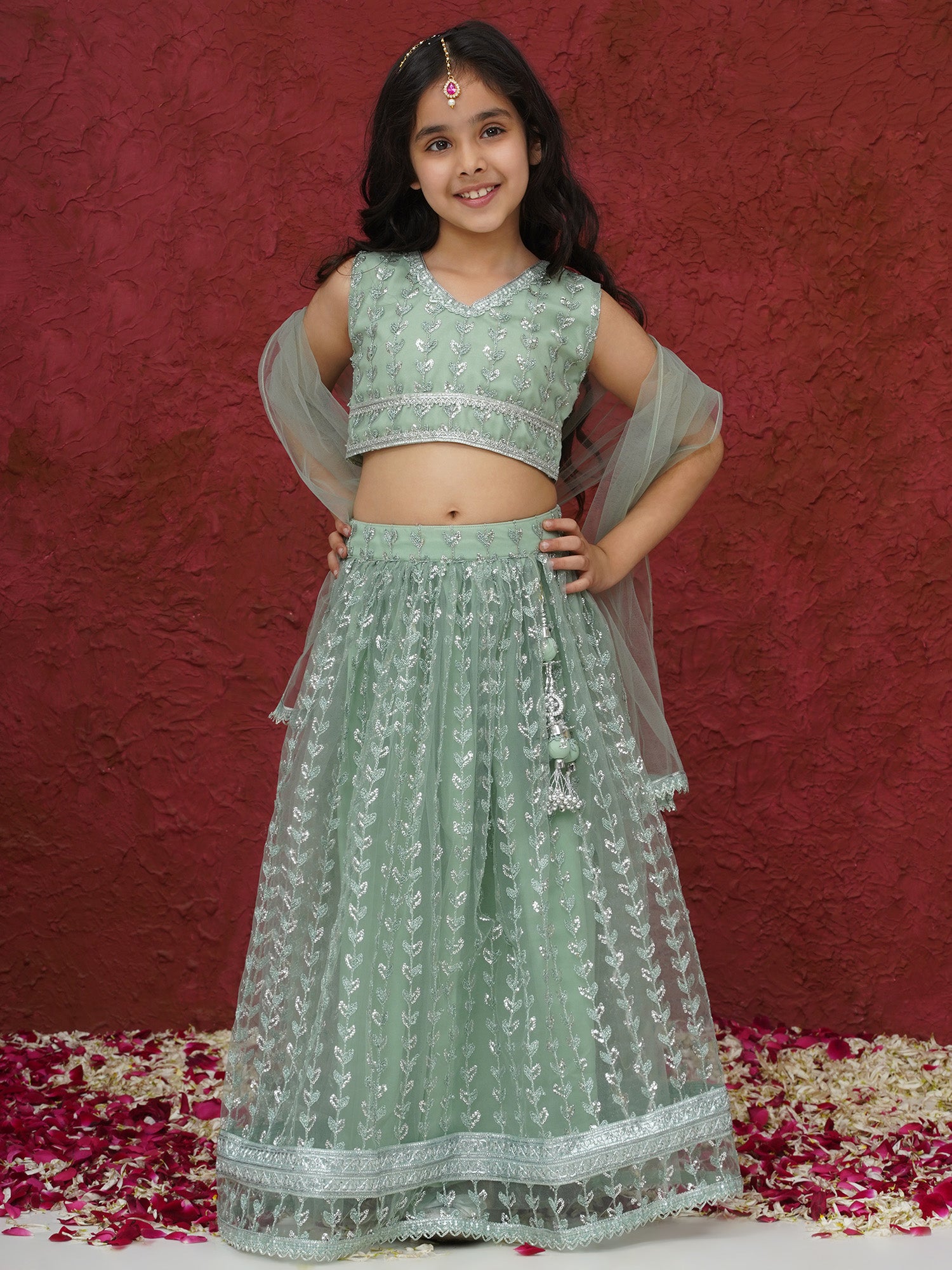 Green Sleeveless Sequenced Cotton Blend Lehenga Choli For Girls