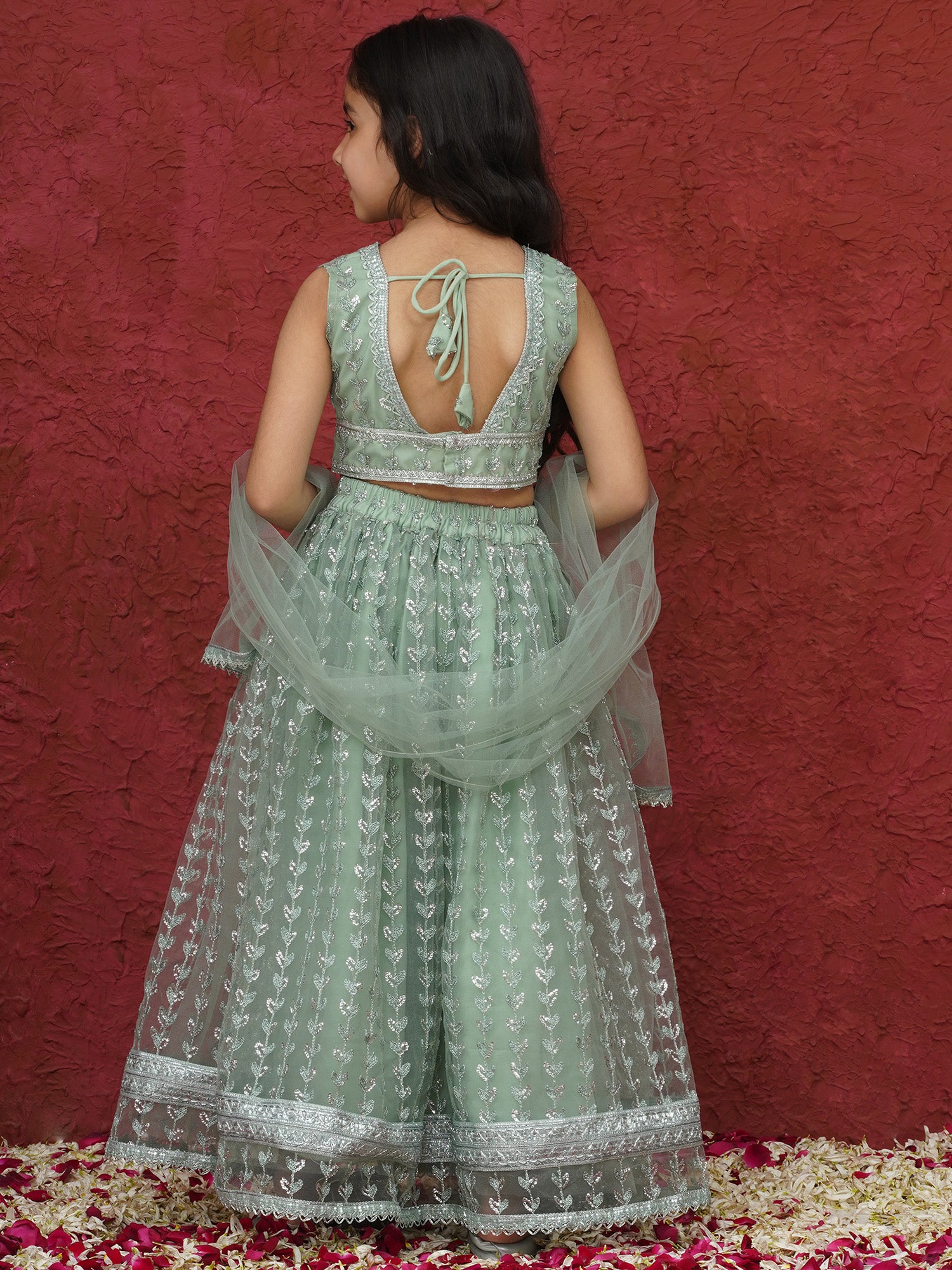 Green Sleeveless Sequenced Cotton Blend Lehenga Choli For Girls