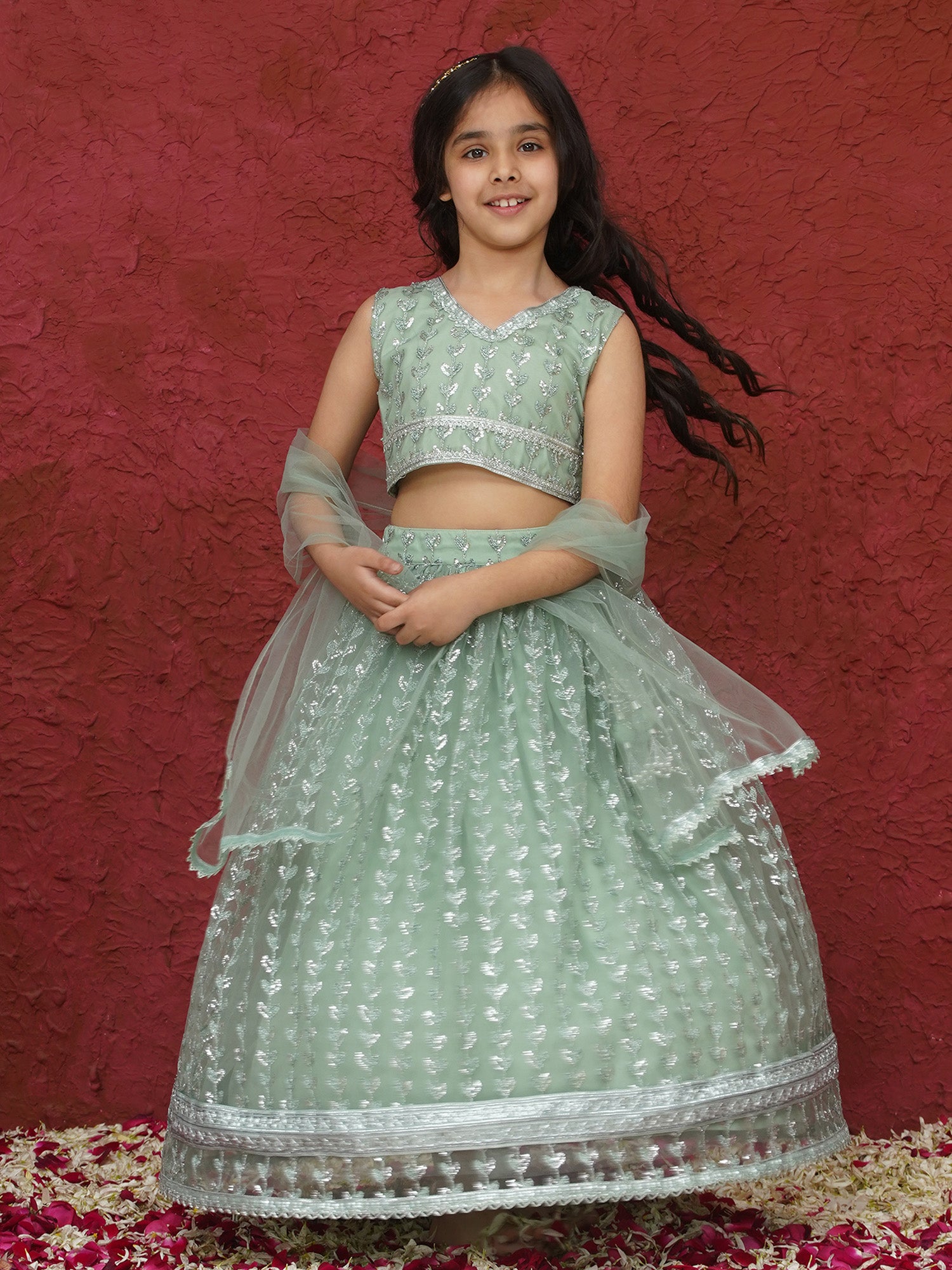 Green Sleeveless Sequenced Cotton Blend Lehenga Choli For Girls