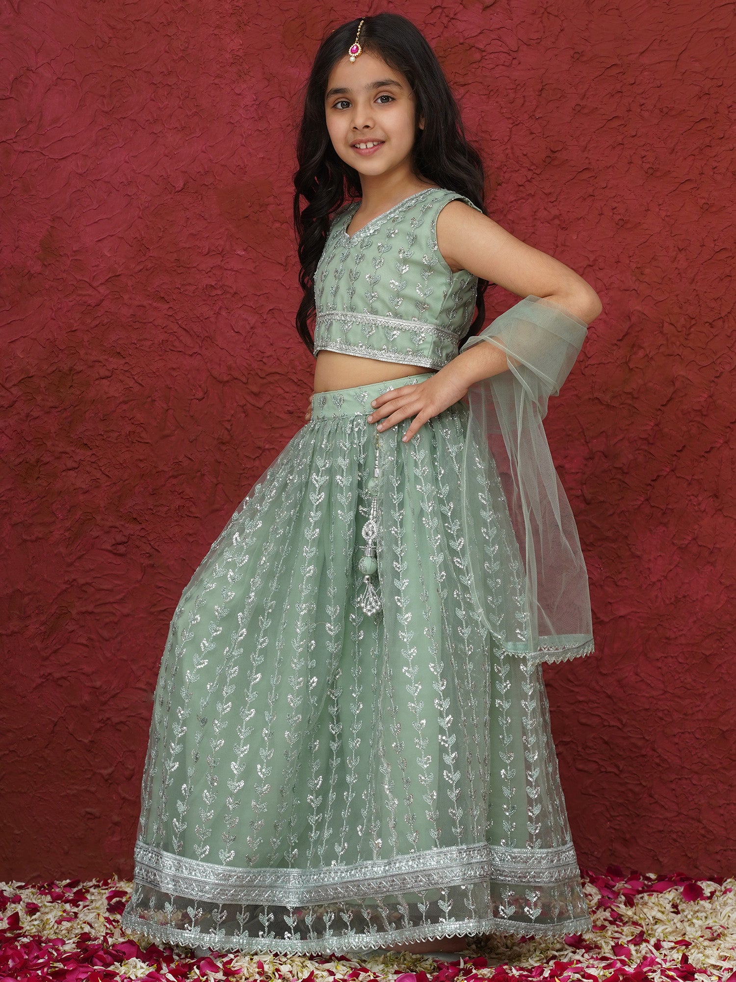 Green Sleeveless Sequenced Cotton Blend Lehenga Choli For Girls