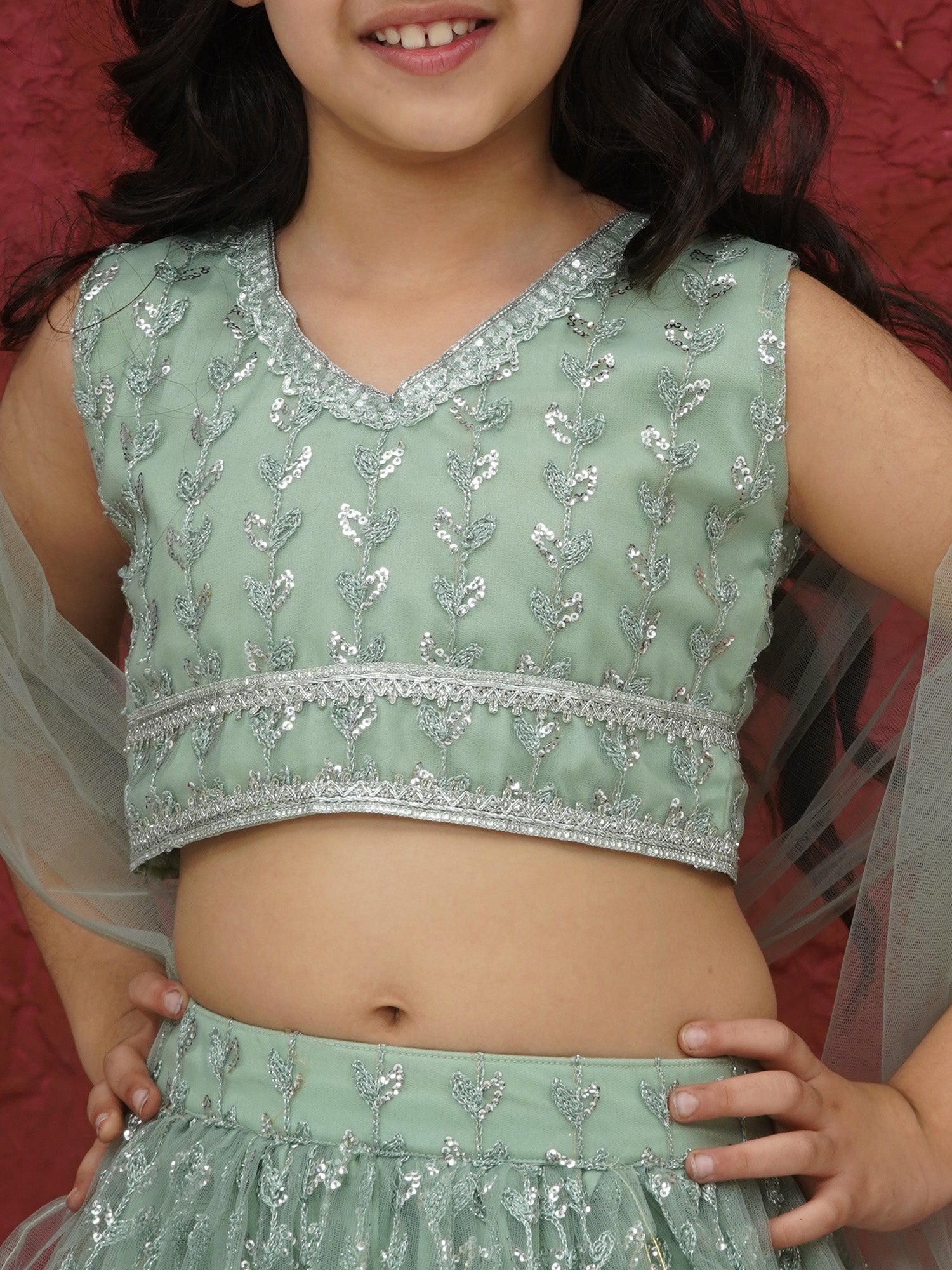 Green Sleeveless Sequenced Cotton Blend Lehenga Choli For Girls