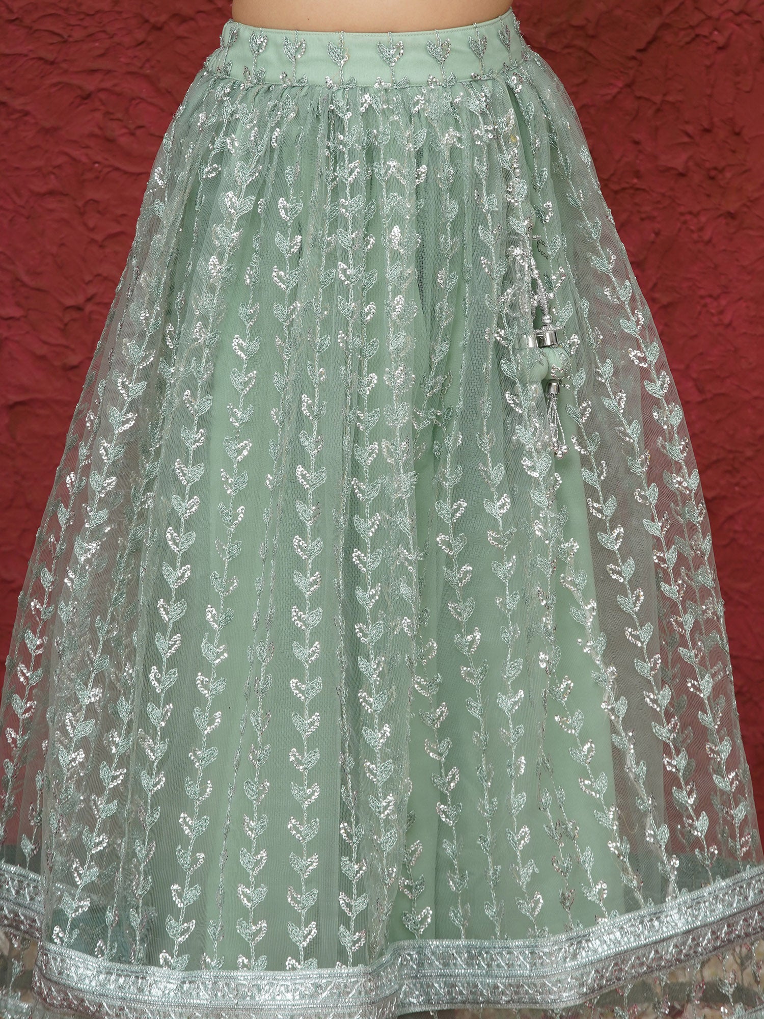 Green Sleeveless Sequenced Cotton Blend Lehenga Choli For Girls