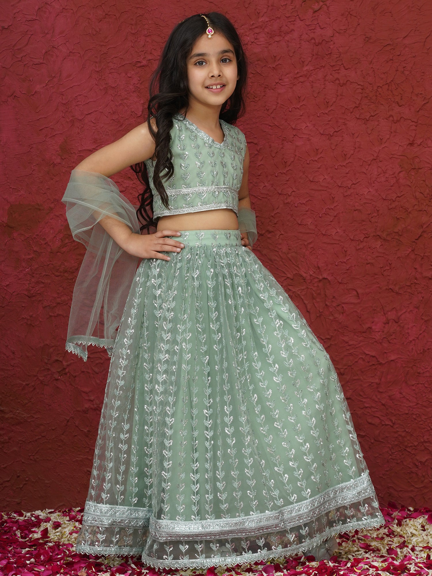 Green Sleeveless Sequenced Cotton Blend Lehenga Choli For Girls