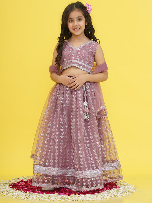 Aj Dezines Mauve Sleeveless Sequenced Cotton Blend Lehenga Choli For Girls