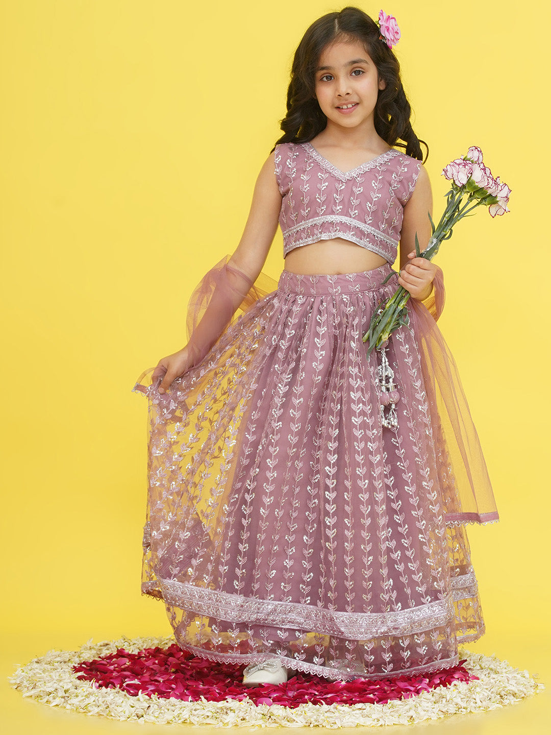 Mauve Sleeveless Sequenced Cotton Blend Lehenga Choli For Girls - AJ Dezines
