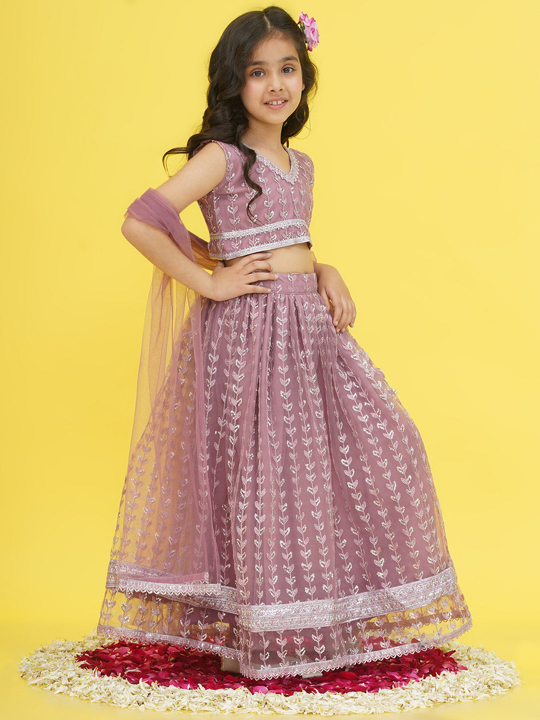 Mauve Sleeveless Sequenced Cotton Blend Lehenga Choli For Girls - AJ Dezines
