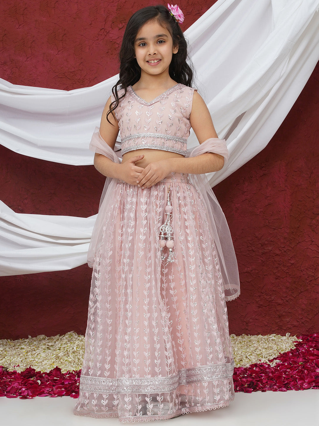Pink Sleeveless Sequenced Cotton Blend Lehenga Choli For Girls