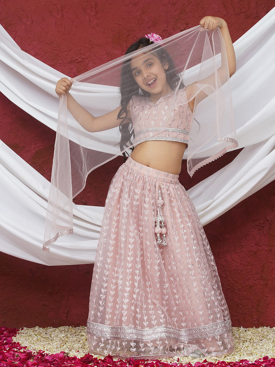 Pink Sleeveless Sequenced Cotton Blend Lehenga Choli For Girls