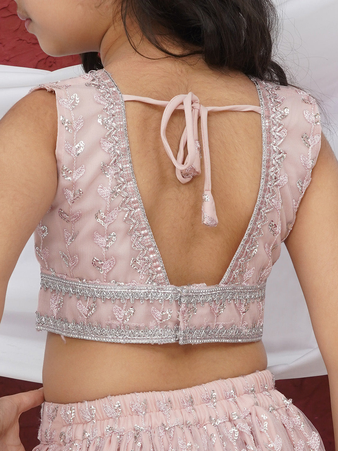 Pink Sleeveless Sequenced Cotton Blend Lehenga Choli For Girls