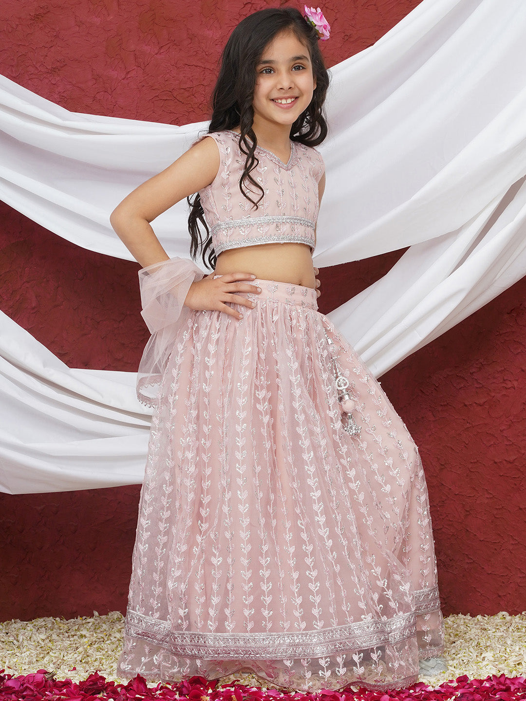 Pink Sleeveless Sequenced Cotton Blend Lehenga Choli For Girls
