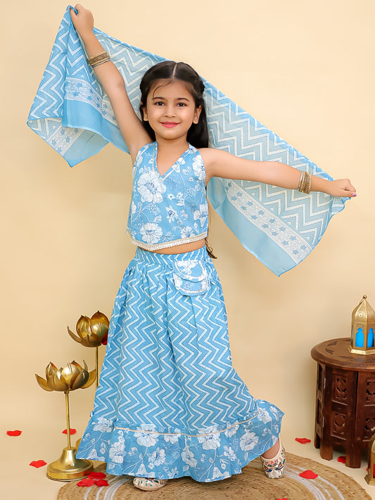 Aj Dezines Blue Cotton Sleeveless Floral Printed Lehenga Choli for Girls