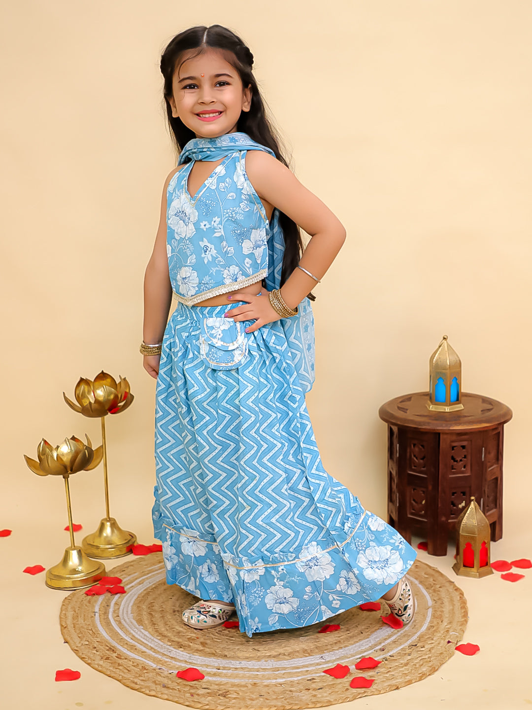 Aj Dezines Blue Cotton Sleeveless Floral Printed Lehenga Choli for Girls